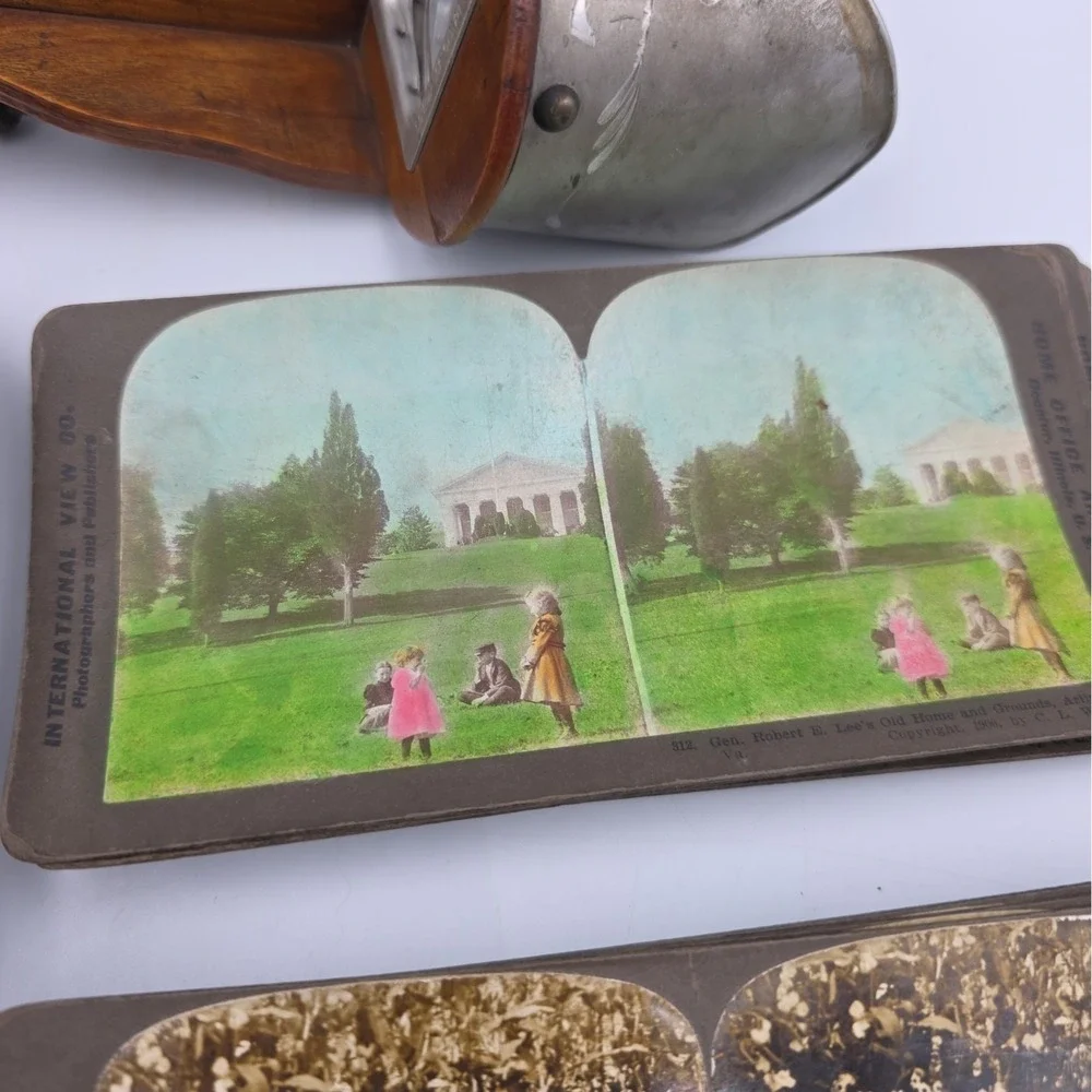 Antique Underwood Stereoscope Viewer Metal Wood and 60 Stereoview Sepia Cards